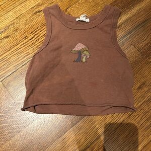 Full Tilt Brown Cropped Tank Top with Mushroom Design